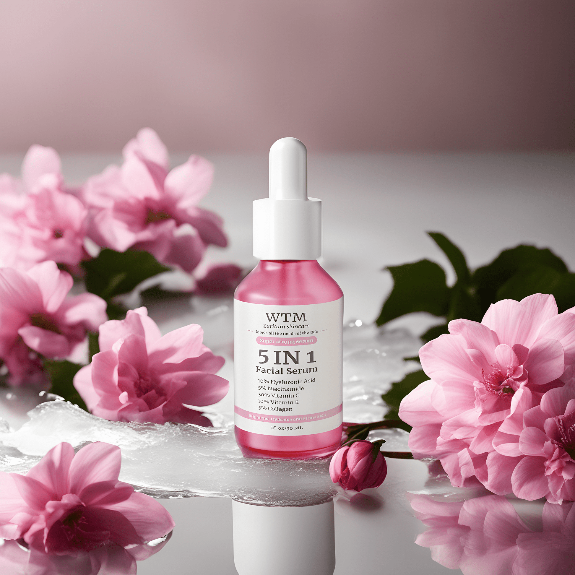 5-in-1-face serum set on reflective surface surrounded by pink flowers