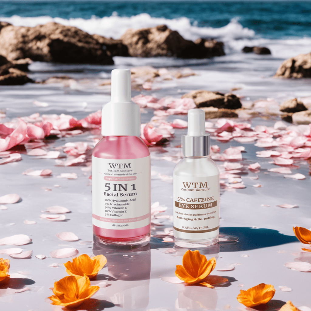 Two serum bottles set on a beach scene with flowers and petals